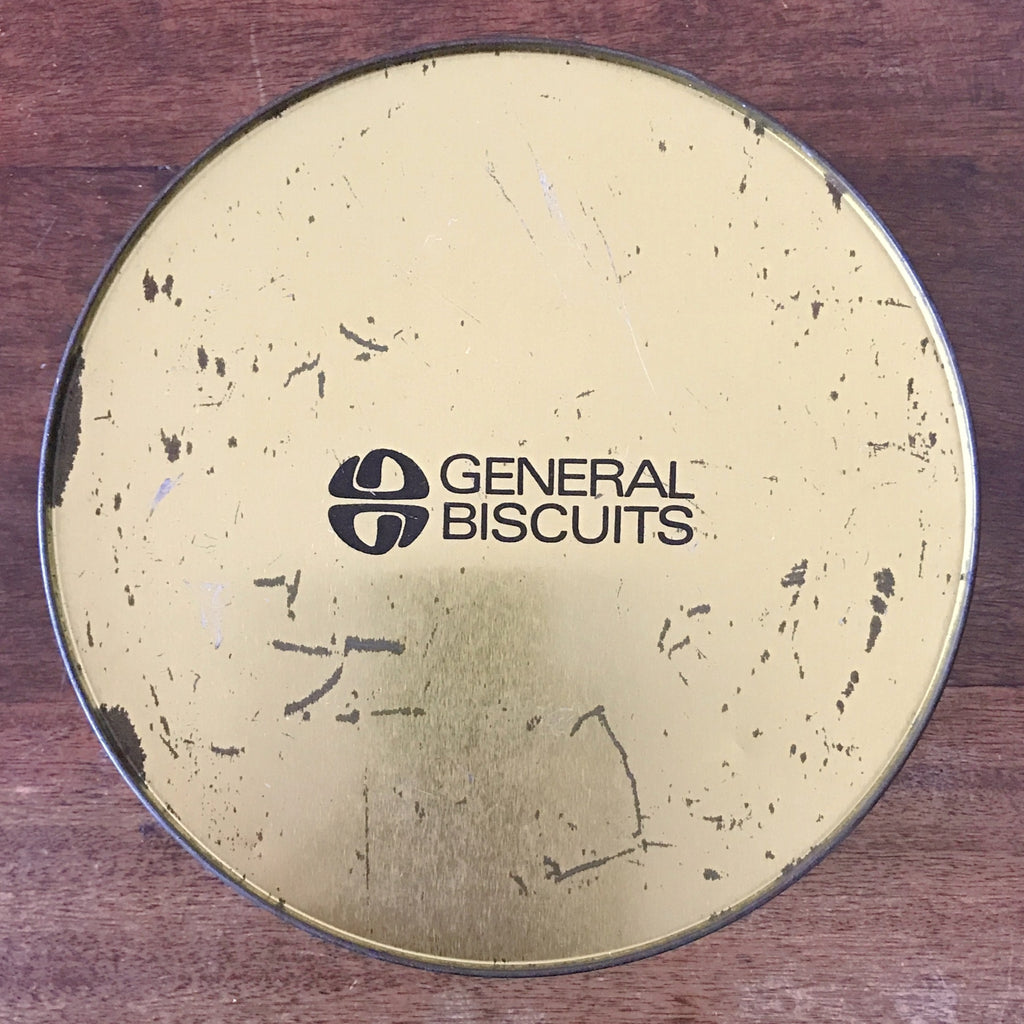 Boîte ronde en métal bleu embossé décoré d'anges blancs par Hello Broc brocante en ligne