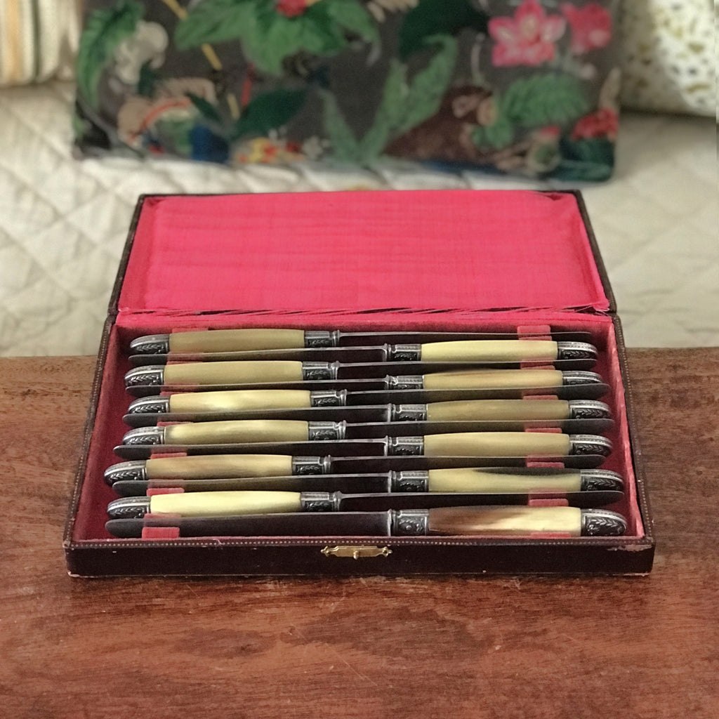Coffret ménagère de 12 couteaux manche en corne, détails en métal argenté par Hello Broc brocante en ligne