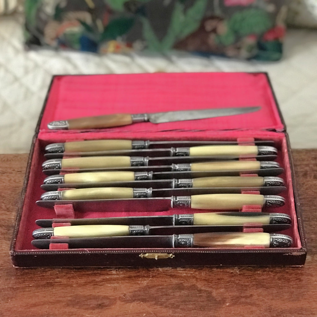 Coffret ménagère de 12 couteaux manche en corne, détails en métal argenté par Hello Broc brocante en ligne