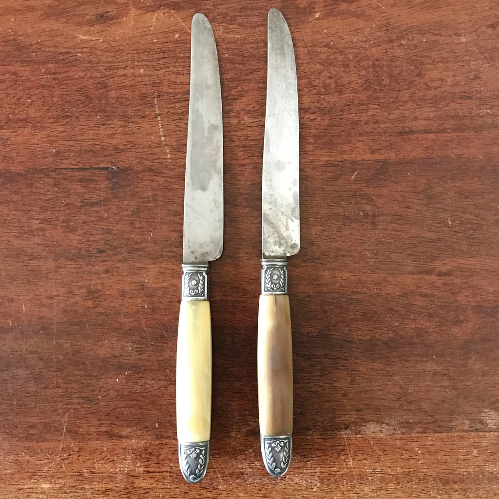 Coffret ménagère de 12 couteaux manche en corne, détails en métal argenté par Hello Broc brocante en ligne