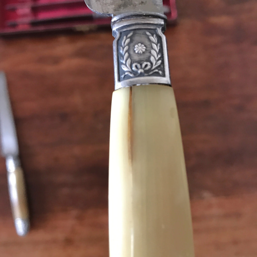 Coffret ménagère de 12 couteaux manche en corne, détails en métal argenté par Hello Broc brocante en ligne