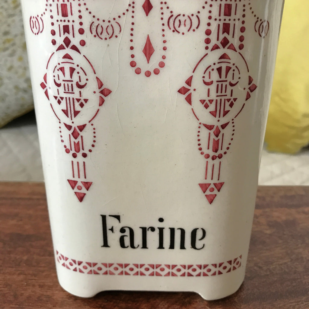 Ancien pot à épices Farine en céramique décor bordeaux - Hello Broc