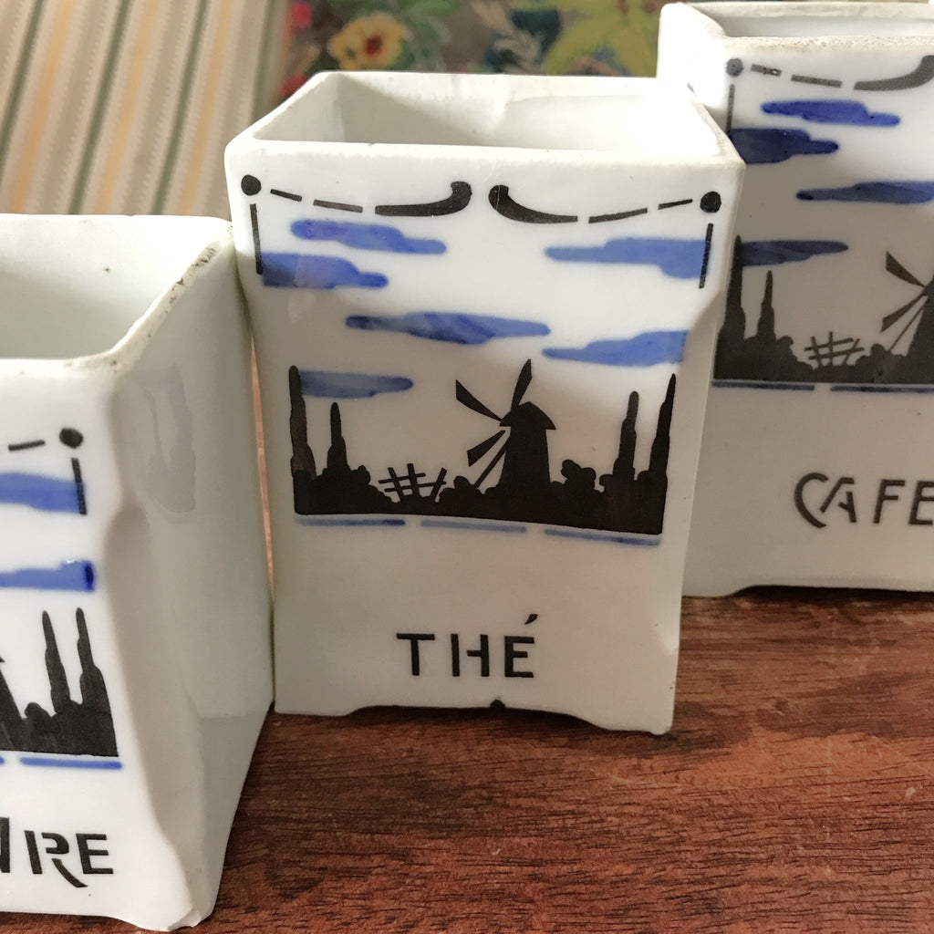 Ensemble de 4 pots à épices époque Art Nouveau décor paysage et moulin noir et bleu par Hello broc brocante en ligne - produit unique