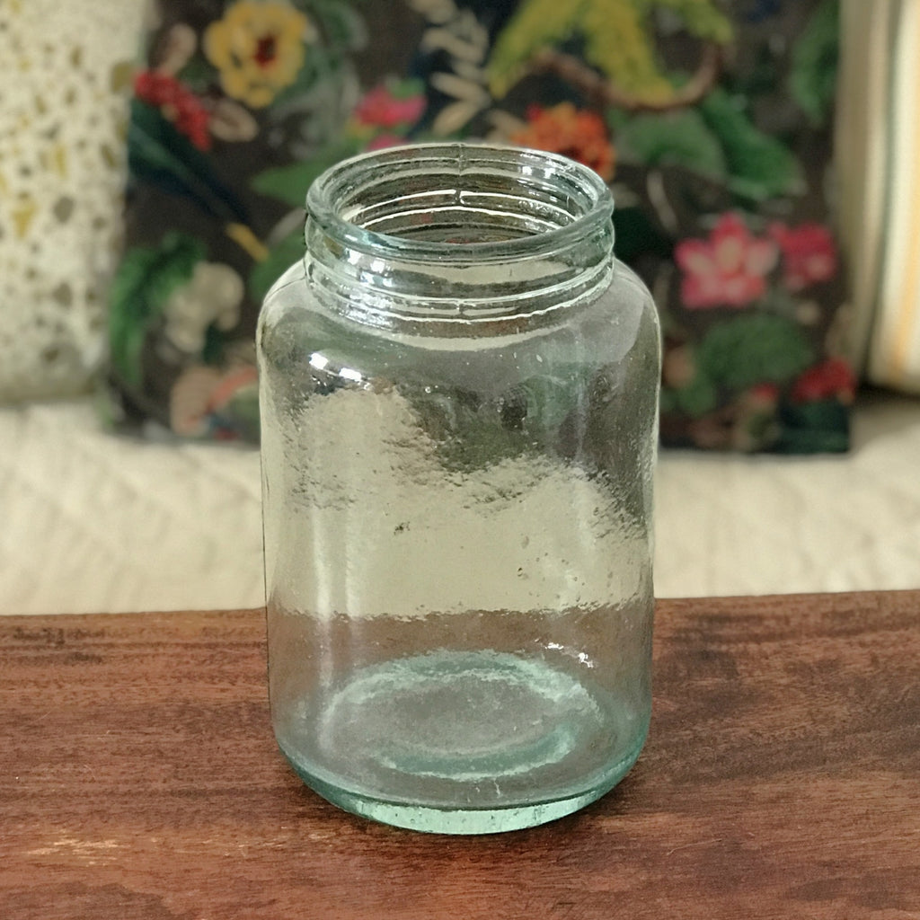 Grande bonbonnière bocal en verre moulé bleuté sans couvercle par Hello Broc brocante en ligne
