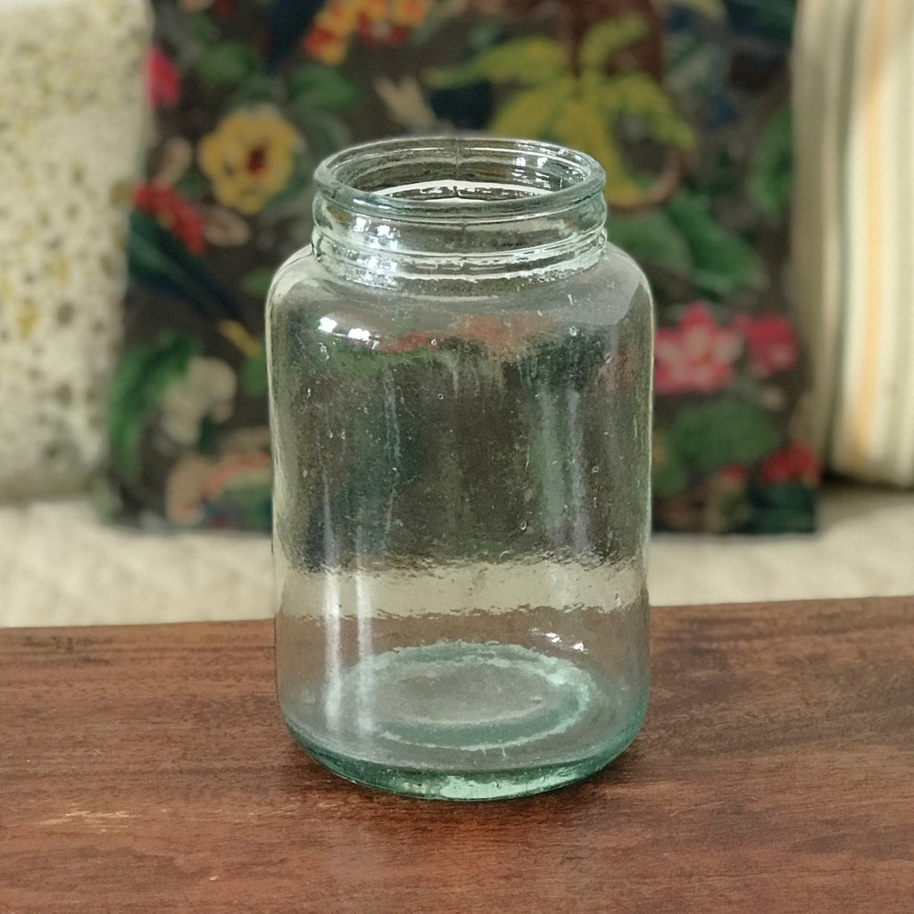 Grande bonbonnière bocal en verre moulé bleuté sans couvercle par Hello Broc brocante en ligne