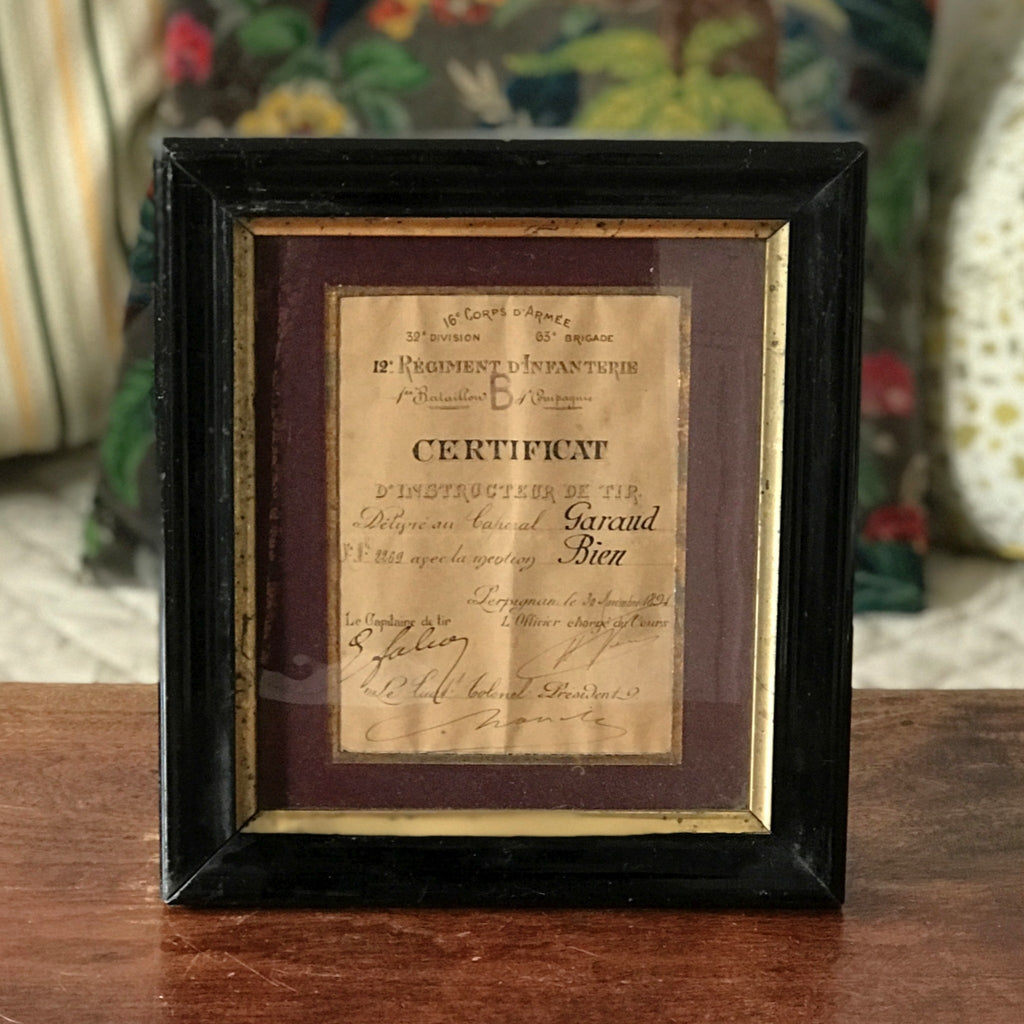 Certificat militaire d'instructeur de Tir 1891 dans son cadre d'origine par Hello Broc brocante en ligne