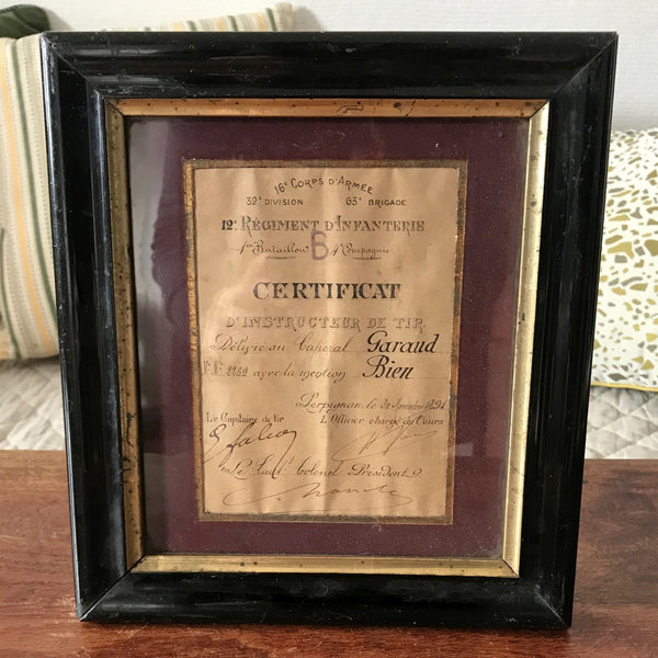 Certificat militaire d'instructeur de Tir 1891 dans son cadre d'origine par Hello Broc brocante en ligne
