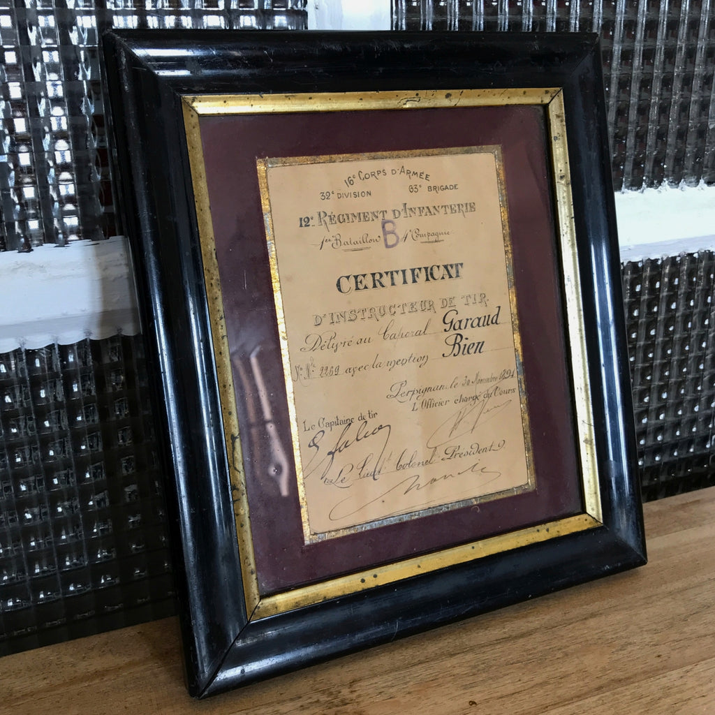 Certificat militaire d'instructeur de Tir 1891 dans son cadre d'origine par Hello Broc brocante en ligne