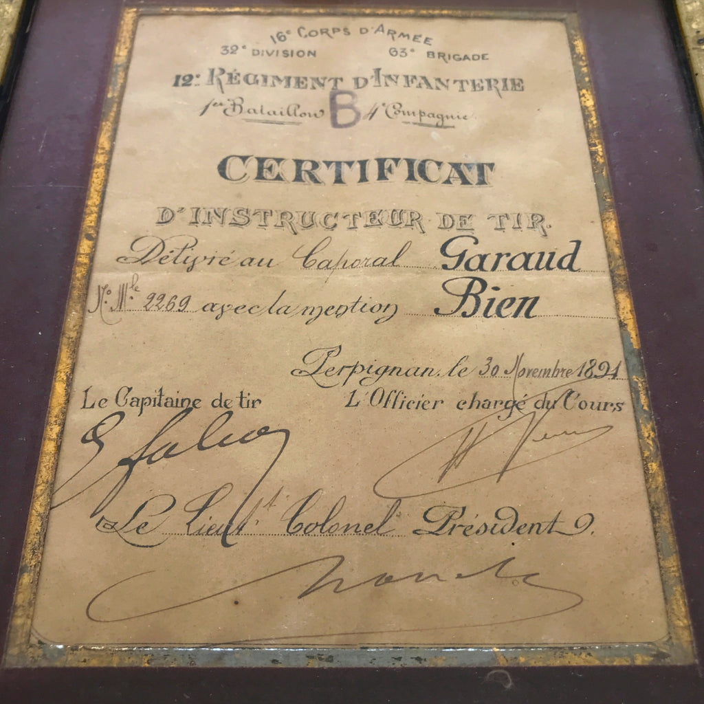 Certificat militaire d'instructeur de Tir 1891 dans son cadre d'origine par Hello Broc brocante en ligne
