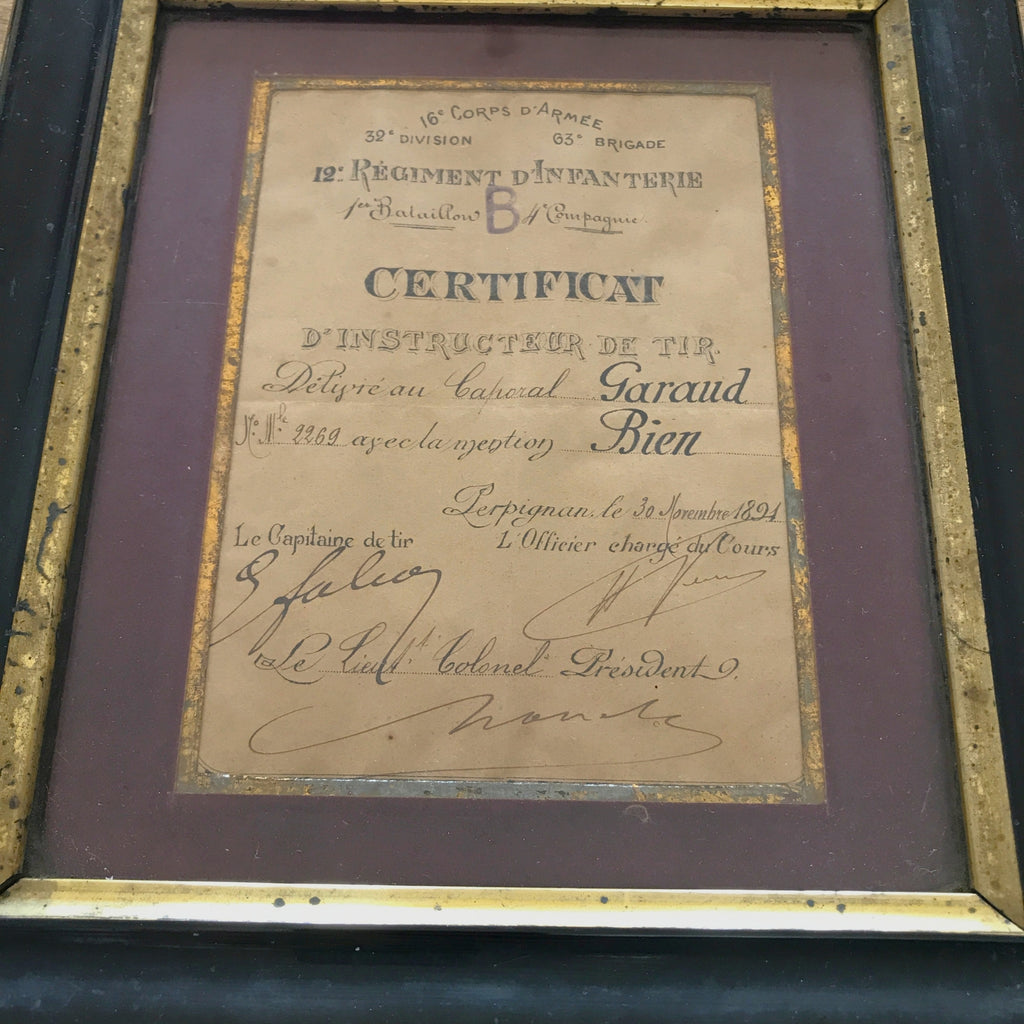 Certificat militaire d'instructeur de Tir 1891 dans son cadre d'origine par Hello Broc brocante en ligne