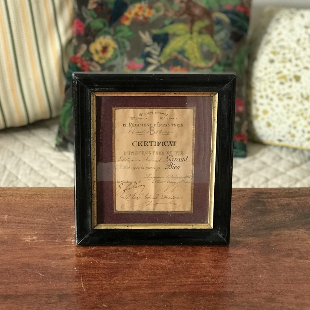 Certificat militaire d'instructeur de Tir 1891 dans son cadre d'origine par Hello Broc brocante en ligne