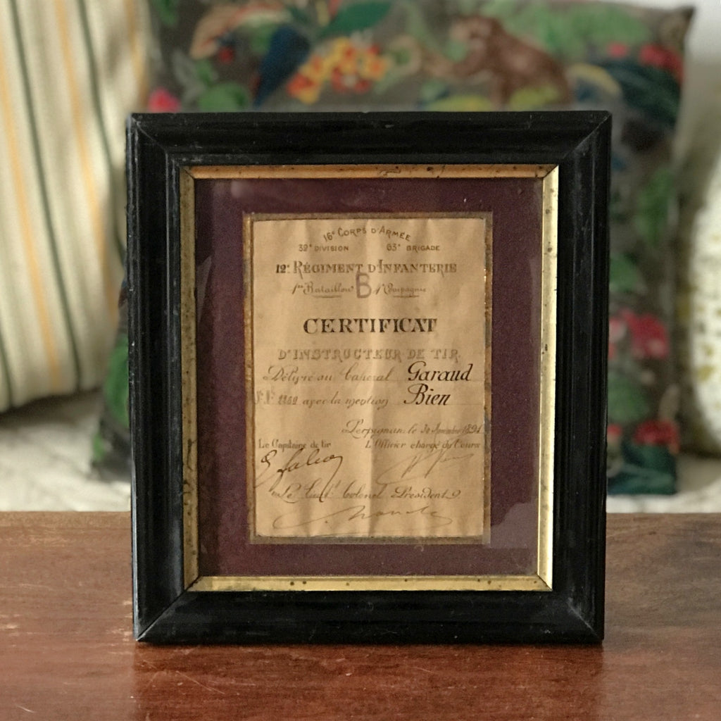 Certificat militaire d'instructeur de Tir 1891 dans son cadre d'origine par Hello Broc brocante en ligne