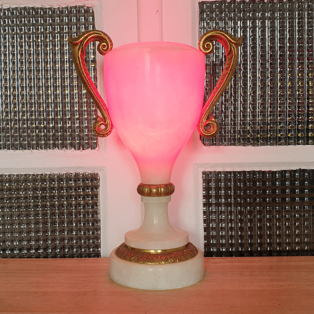 Lampe ancienne en forme de coupe en albâtre et anses en bronze doré par Hello Broc brocante en ligne