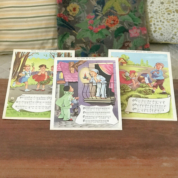Lot de 3 planches illustrées vintage recto verso avec paroles de chansons enfantines Hemma 1967 par Hello Broc brocante en ligne