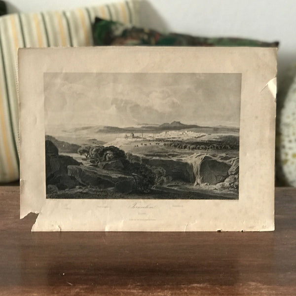 Estampe noir et blanche de Jerusalem vue de la vallée de Josaphat 1865 imprimée par Lloyd à Trieste - Hello Broc