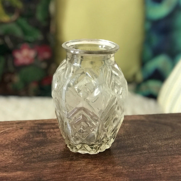 Petit vase style Art Déco en verre moulé transparent forme arrondie et hexagonale - Hello Broc