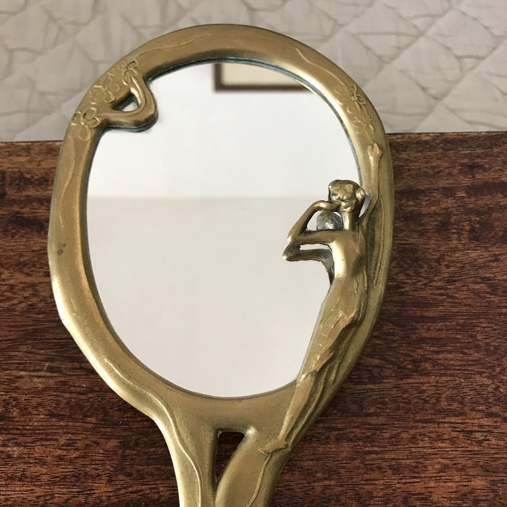 Miroir à main ovale Art Nouveau en bronze doré par Hello Broc brocante en ligne