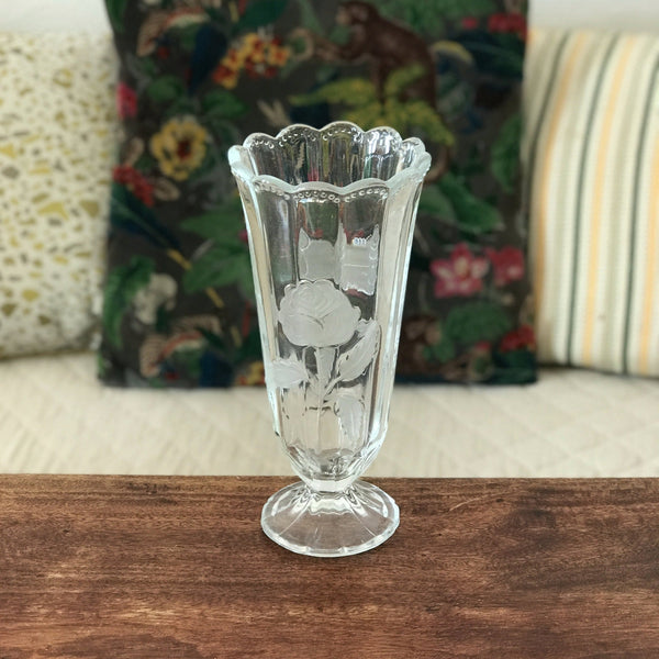 Grand vase sur pied décor de rose en verre brouillé - Hello Broc