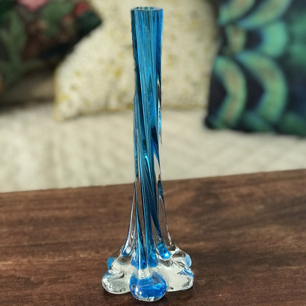 Soliflore pied fleur en verre de Murano torsadé bleu 1970 - Hello Broc
