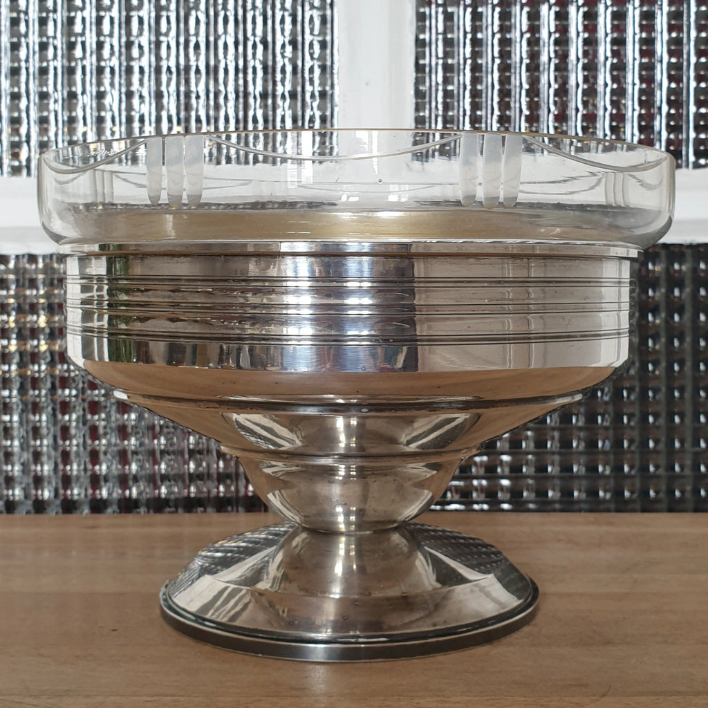 Coupe à fruit sur piédouche base en métal argenté et coupelle en verre moulé - Hello Broc
