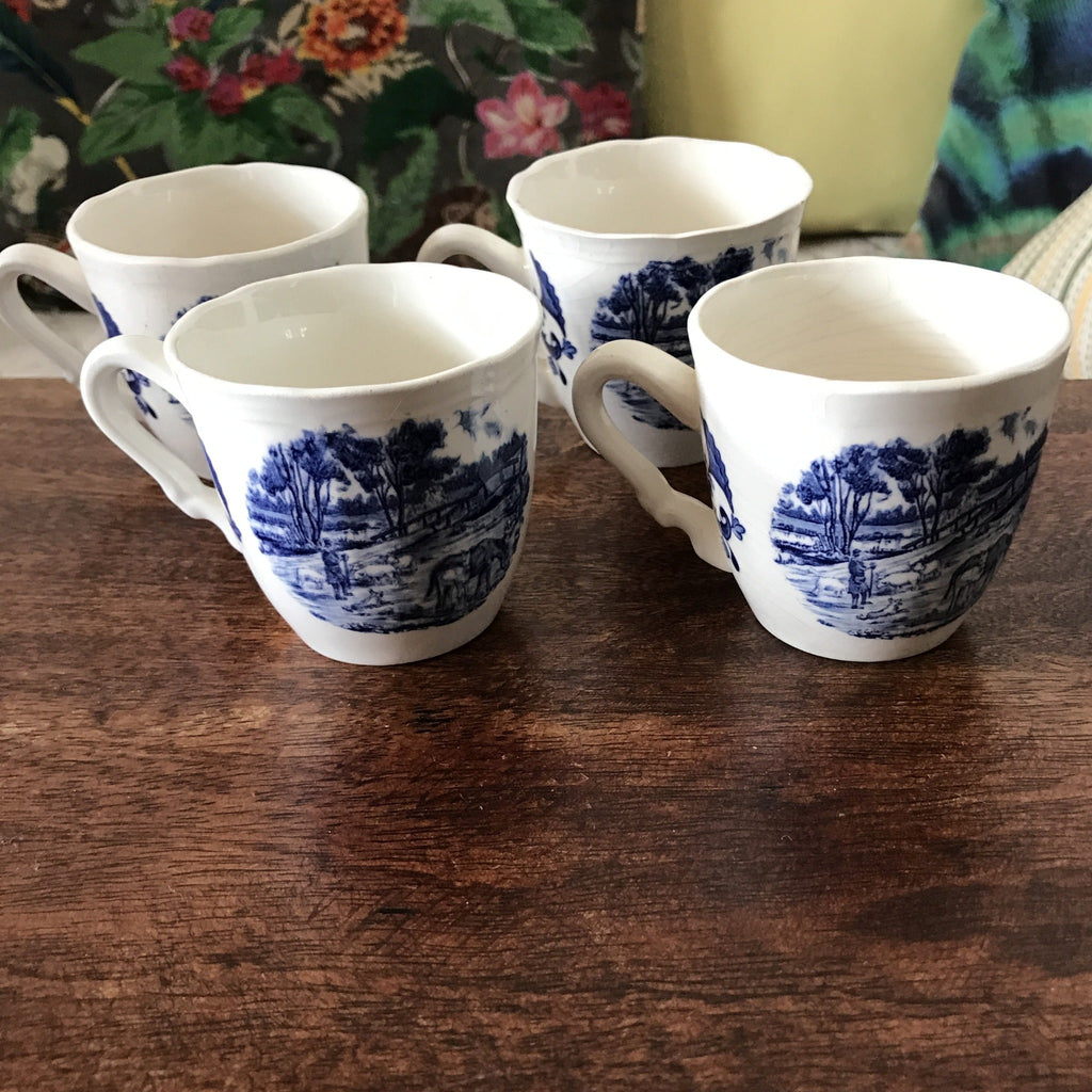 Lot de 4 tasses en faïence de Sarreguemines décor Derby bleu - Hello Broc