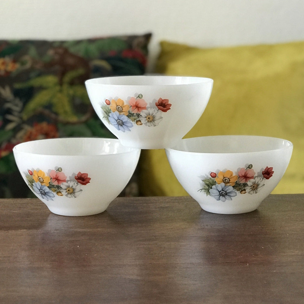 Set of 3 vintage Arcopal bowls in white opaline glass with bouquet pri –  Hello Broc