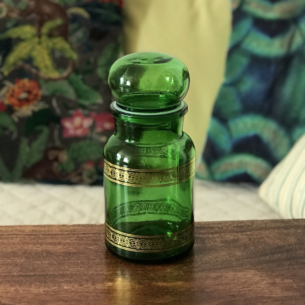 Ancien bocal à café en verre moulé vert et frises imprimées dorées - Hello Broc