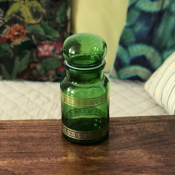 Ancien bocal à café en verre moulé vert et frises imprimées dorées - Hello Broc