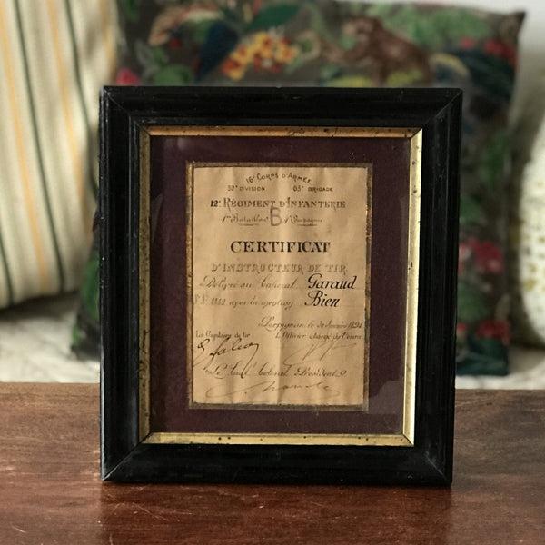 Certificat militaire d'instructeur de Tir 1891 dans son cadre d'origine - Hello Broc