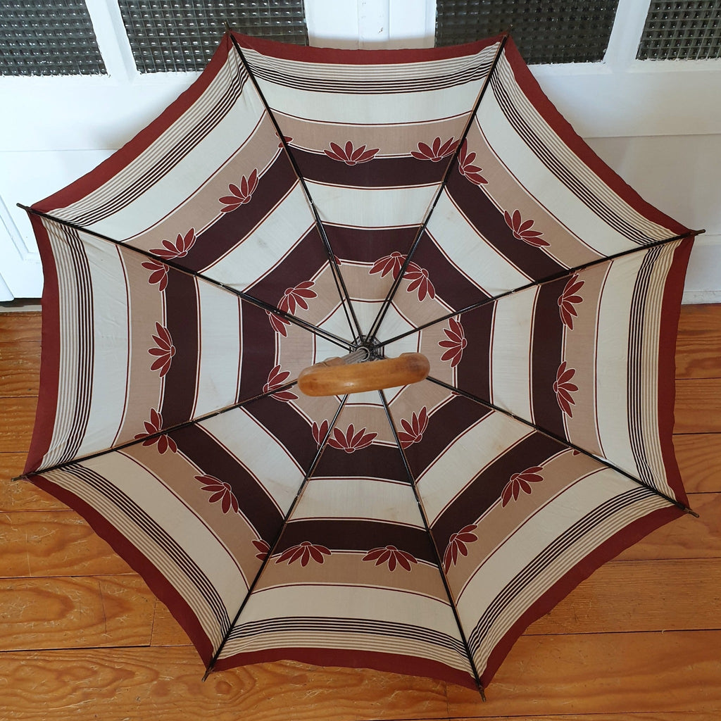 Grand parapluie vintage motifs rayures et feuilles - Hello Broc
