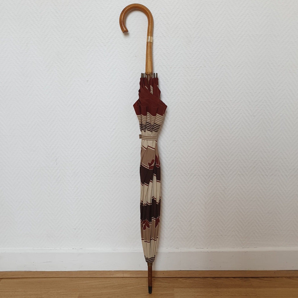 Grand parapluie vintage motifs rayures et feuilles - Hello Broc