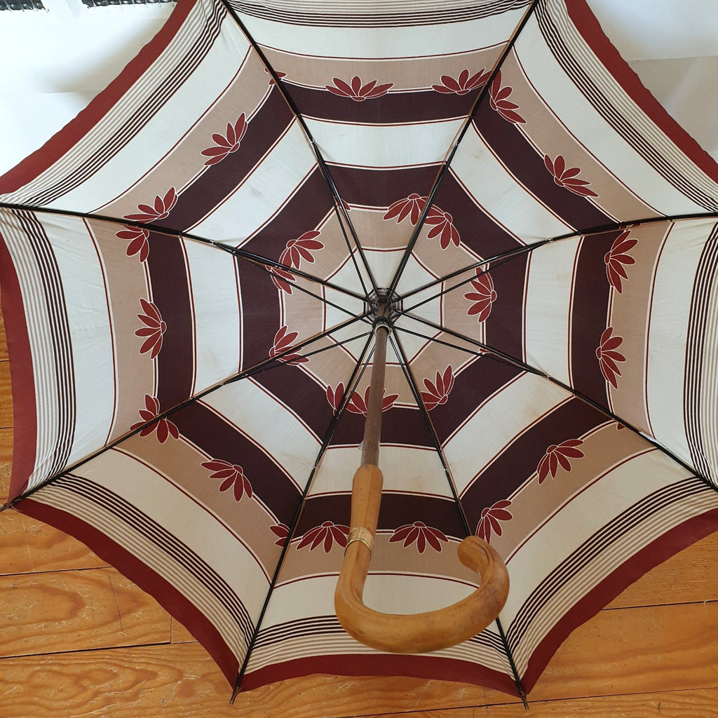 Grand parapluie vintage motifs rayures et feuilles - Hello Broc