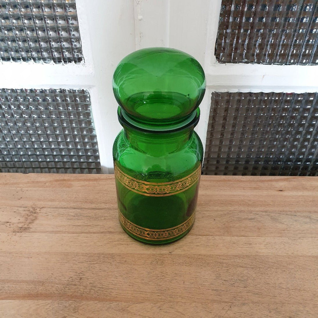 Ancien bocal à café en verre moulé vert et frises imprimées dorées - Hello Broc