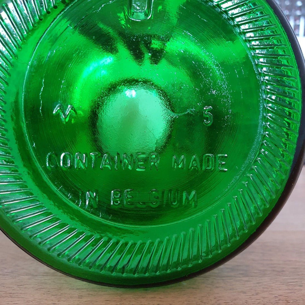 Ancien bocal à café en verre moulé vert et frises imprimées dorées - Hello Broc