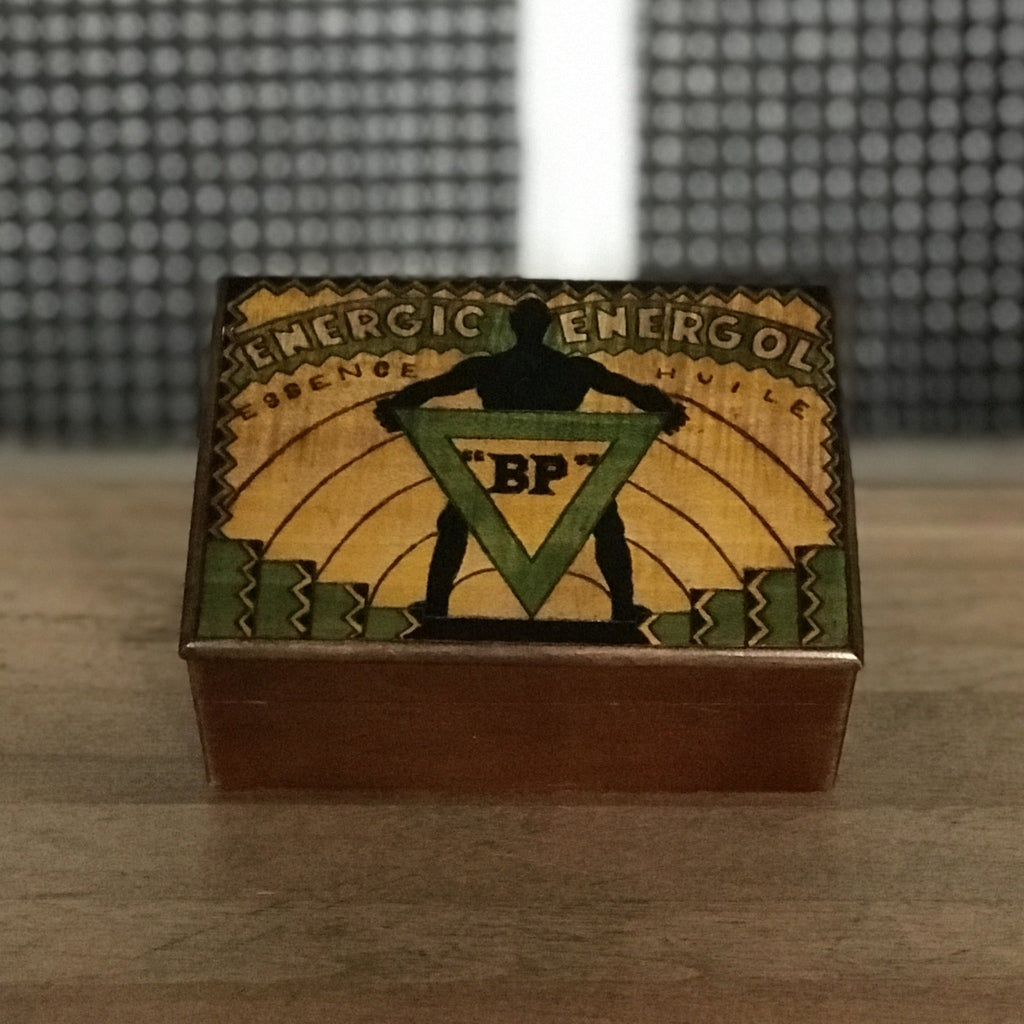 Boîte publicitaire pour BP Art Déco en bois gravée et colorée - Hello Broc
