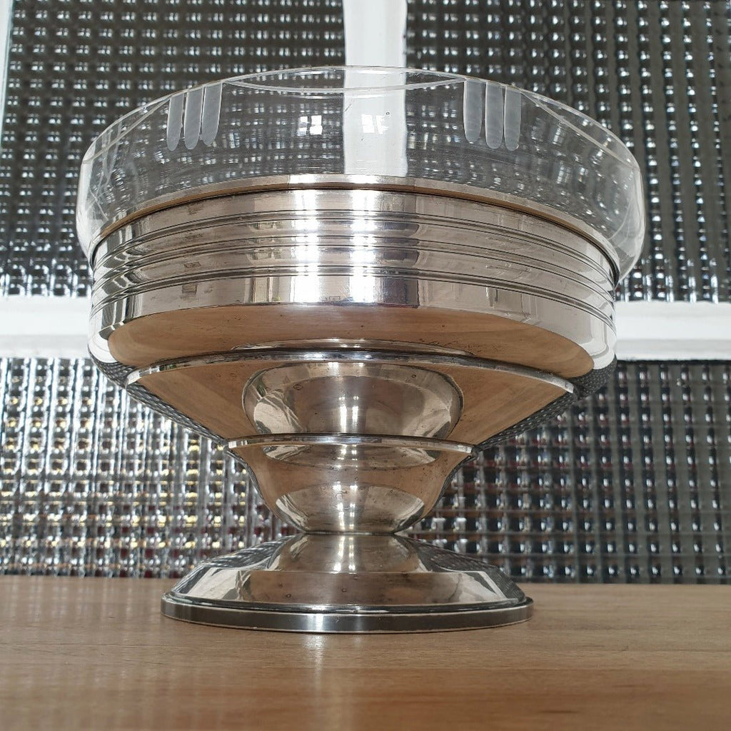 Coupe à fruit sur piédouche base en métal argenté et coupelle en verre moulé - Hello Broc brocante en ligne