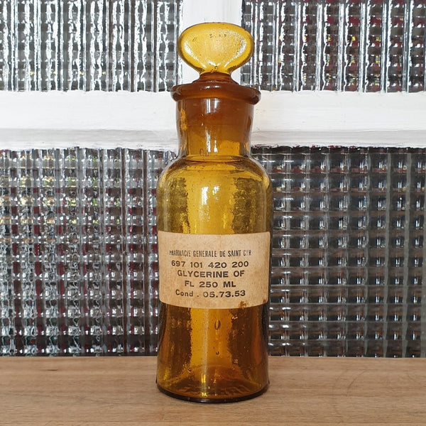 Flacon d'apothicaire avec bouchon d'origine en verre moulé ambré - Hello Broc