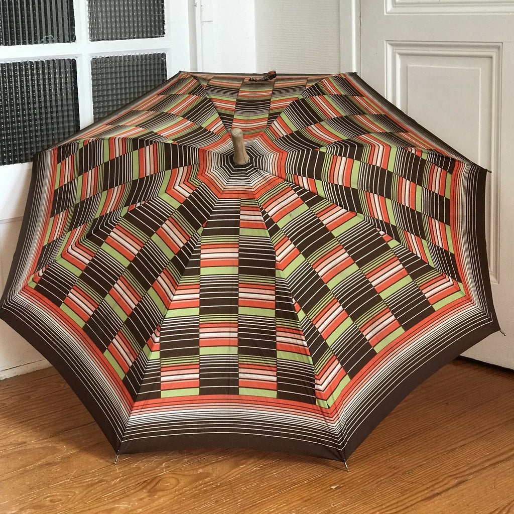 Grand parapluie vintage motifs marron orange et vert années 70 - Hello Broc