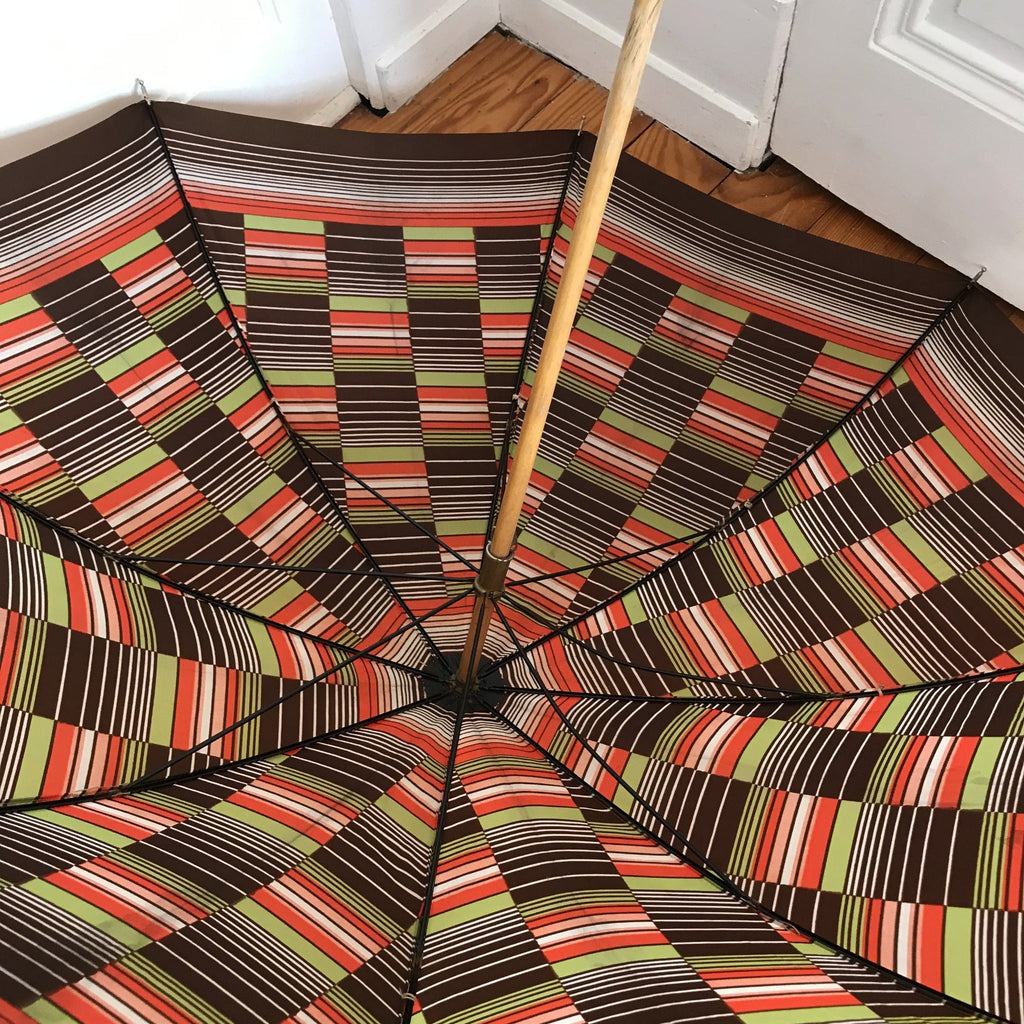 Grand parapluie vintage motifs marron orange et vert années 70 - Hello Broc