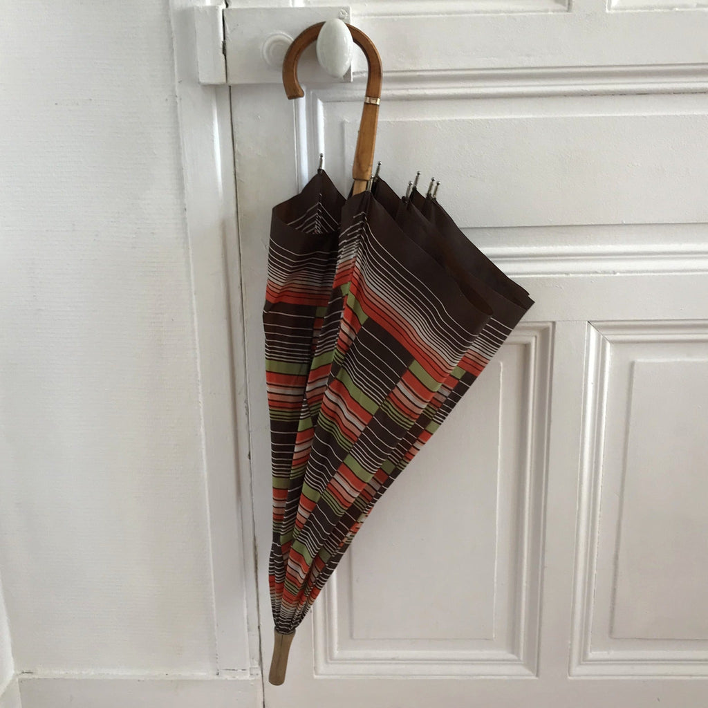 Grand parapluie vintage motifs marron orange et vert années 70 - Hello Broc