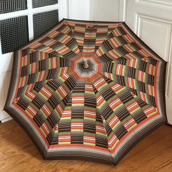 Grand parapluie vintage motifs marron orange et vert années 70 - Hello Broc