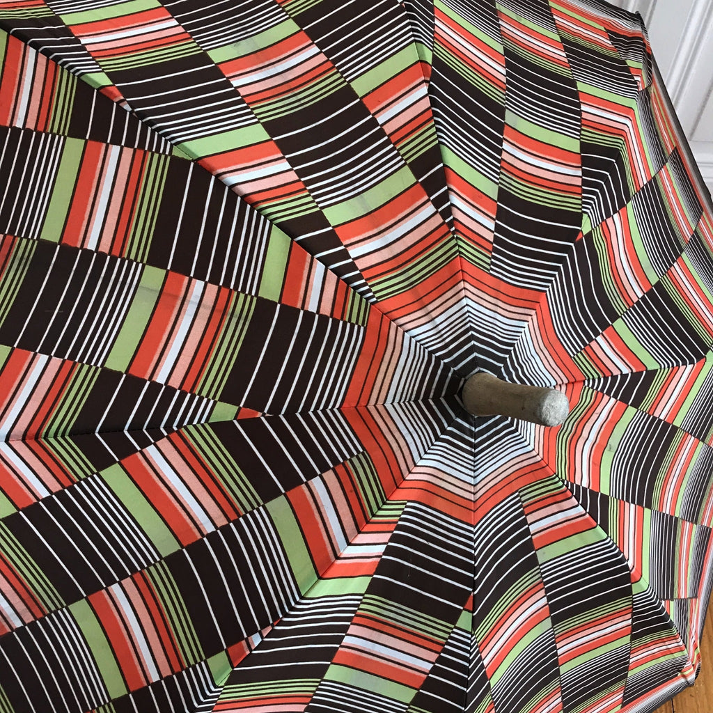 Grand parapluie vintage motifs marron orange et vert années 70 - Hello Broc