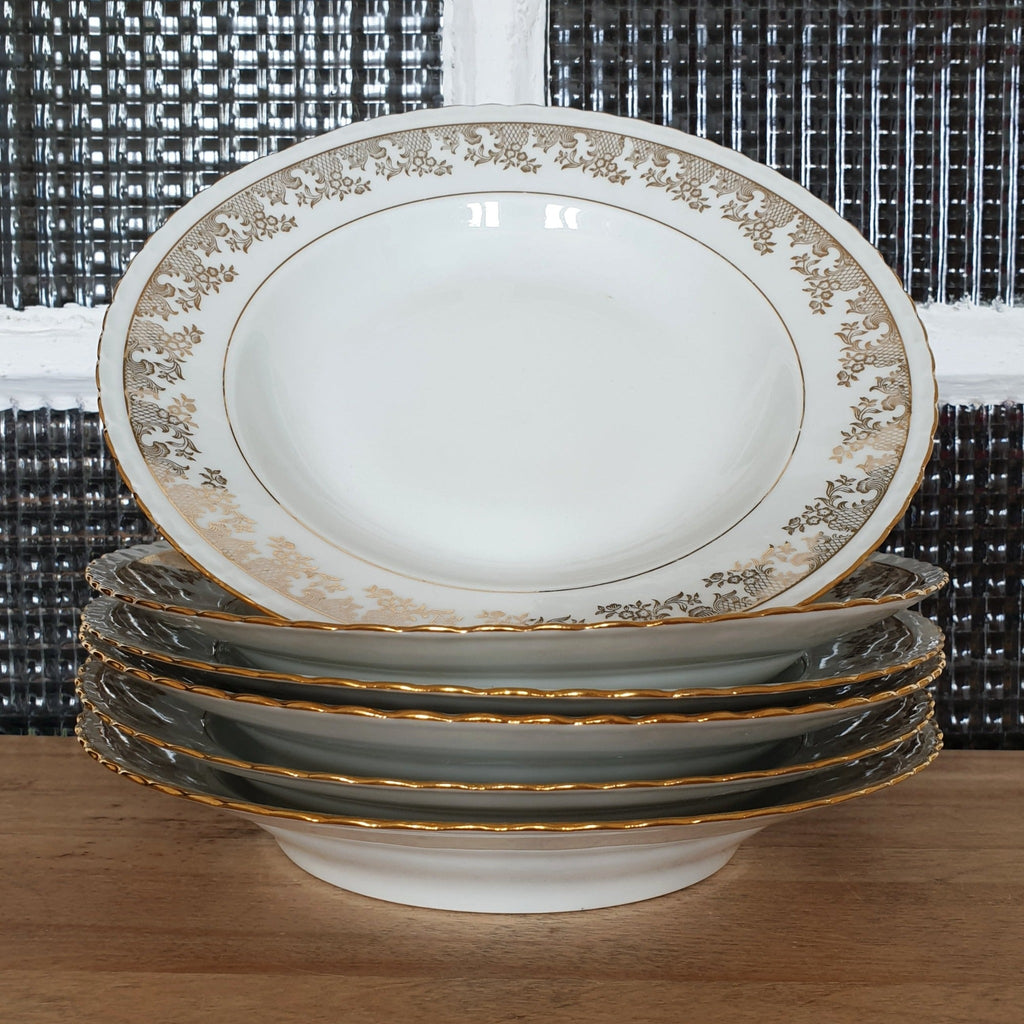 Lot de 6 assiettes creuses en porcelaine blanche décor doré ADP France - 2 lots en stock - Hello Broc