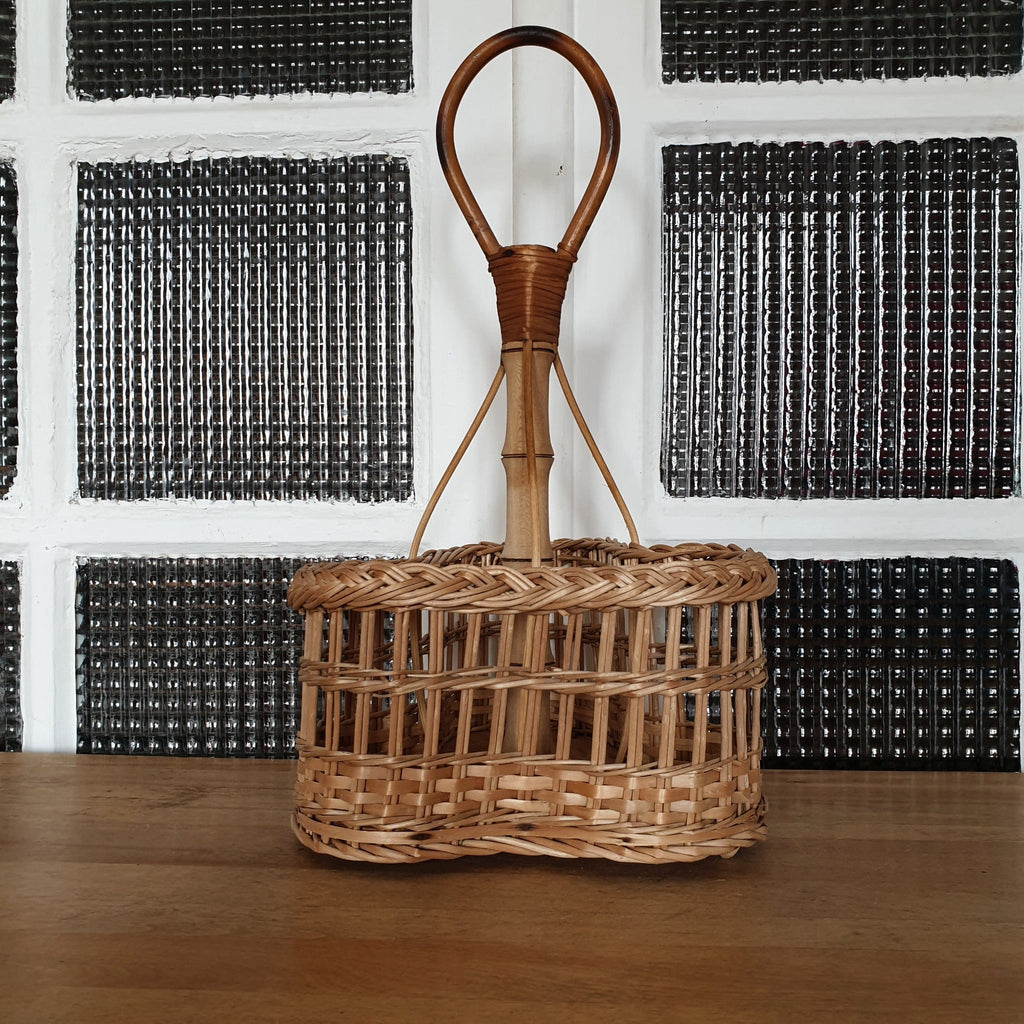Porte-bouteille vintage en osier et rotin - Hello Broc brocante en ligne